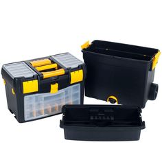 three plastic storage boxes with yellow handles and black lids, one is open and the other has