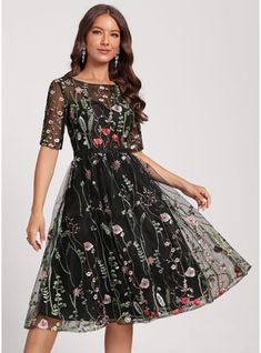 [US$ 109] A-line Scoop Knee-Length Lace Floral Cocktail Dress  - JJ's House Fancy Knee Length Dresses, Fall Tea Length Dresses, Mid Size Cocktail Dress, Floral Winter Dress, Tea Length Dresses Formal, Green And Black Dress, Net Dresses, Dresses Vacation, Cocktail Dresses With Sleeves