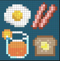 Perler Bead Breakfast Foods - Pixel Art Shop Orange Perler Bead Patterns, 29x29 Pixel Art, Perler Bead Food Patterns, Food Pixel Art, Pixel Art Food, Honey Salmon, Salmon Peach, Pencil Drawings For Beginners, Yellow Pastel