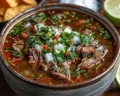 a bowl filled with meat and vegetables next to some tortilla chips on a table