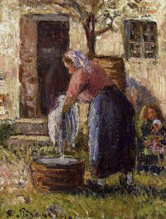 an old woman is washing her hands in the water from a bucket while two children watch