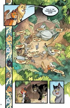 an illustrated comic strip with cats in the woods and other animals around it, all looking at each other