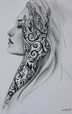 a drawing of a woman's head with tattoos on her arm and hand,