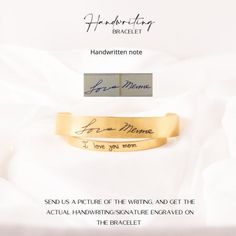 "Preserve the precious words and memories of a loved one with our Handwriting Cuff, a beautifully personalized custom bracelet that holds a special place in your heart. This memorial jewelry piece serves as a touching and sentimental gift for yourself or someone who cherishes the heartfelt handwritten messages from a dear friend, family member, or partner. Details: * Mirror polish 18K Gold Plated * The bracelet measures 6 inches x 1/4 inch or 6 Inches x 1/2 inch and can be gently squeezed or pul Engraved Bangle For Personalized Mother's Day Gift, Mother's Day Engraved Bangle For Personalized Gift, Engraved Bangle For Mother's Day Personalized Gift, Personalized Name Bracelet For Anniversary, Mother's Day Engraved Bracelet Gift, Meaningful Personalized Name Bracelet For Anniversary, Minimalist Bracelet For Mother's Day Gift, Minimalist Bracelet For Mother's Day, Engraved Name Bracelet For Anniversary Mother's Day