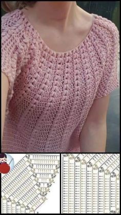 a woman wearing a pink top with crochet on it and the pattern below