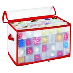 a red and white box filled with lots of different colored ornaments on it's sides