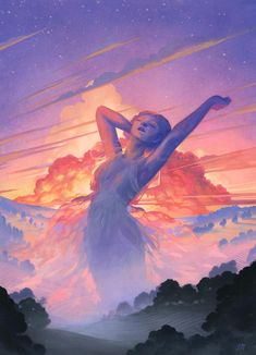 a painting of a woman with her arms outstretched in front of the sky and clouds