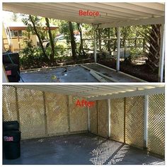 before and after photos of an outdoor storage shed with perforated metal mesh walls