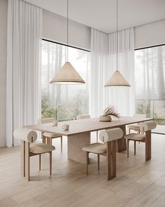 a dining room table and chairs in front of a window