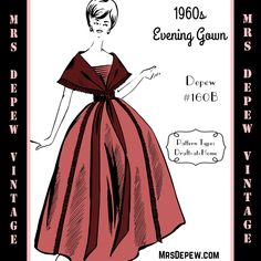 PLEASE READ THE FULL DESCRIPTION BEFORE PURCHASE. This is not a standard pattern and some drafting is required. This is a digital draft-at-home pattern drafting template and scale ruler set to make a stunning French gown or cocktail dress from 1960. The dress features an attractive fitted bodice that has a wide shawl collar that covers the shoulders. The skirt can be cut floor length or any other length. As illustrated, the dress has been trimmed with ruched ribbon. It would be a stunning weddin French Gown, Evening Gown Pattern, Gown Cocktail, Vintage Evening Gowns, French Pattern, Pattern Template, Couture Vintage, Muslin Fabric, Pattern Drafting