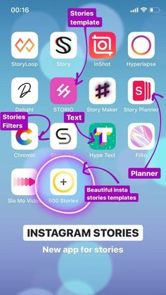 the instagram stories app is shown with icons in purple and blue, as well as an