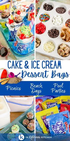 several different pictures of ice cream and dessert bags with text overlay that reads, cake & ice cream dessert bags beach pool parties