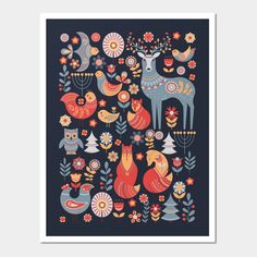 an art print with animals and flowers in the middle, on a dark blue background