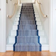 a blue and white staircase leading up to the second floor