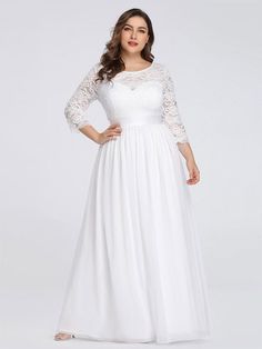 Simple Plus Size Lace Evening Dress with Half Sleeves #color_White Floor Length Lace Dress, Bridal Dresses Vintage, Plus Size Evening Gown, Chiffon Wedding Dress, Ever Pretty, Lace Evening Dresses, Chiffon Prom Dress, Vintage Bridal, Plus Size Wedding