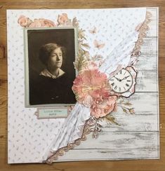 an old photo with flowers and a clock on the table next to it is a piece of paper that has been altered