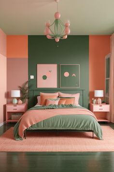 a bedroom with pink and green walls, two paintings on the wall and a bed