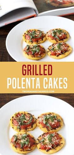 grilled polenta cakes on a plate with the title text overlay reads grilled polenta cakes