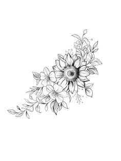 a black and white drawing of flowers on a white background