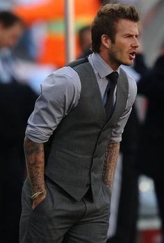 Shop this look for $102:  http://lookastic.com/men/looks/grey-dress-shirt-and-charcoal-vest-and-charcoal-dress-pants-and-black-tie/725  — Grey Dress Shirt  — Charcoal Waistcoat  — Charcoal Dress Pants  — Black Tie Guest Ideas, David Beckham Style, Polka Dot Shirt Dress, Charcoal Dress, Reception Outfit, Festival Chic, Grey Shirt Dress, Vest And Tie