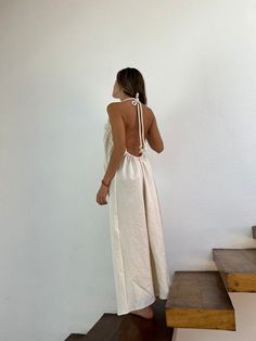 ALLE BOHO "TESSY" Beach Maxi Dress, features "V" shape front and backless self-tie, and artisanal fabric, wear it as a bikini cover-up, or for an evening event. This maxi dress is everything that you want for your next vacation. We are proud to make Artisanal Clothing using only RAW Cotton that feels and looks very basic and natural. Our clothes not only look natural and beautiful but are also made in the most natural and beautiful way. Details: One Shoulder Dress See tie with a braided cotton l Backless Maxi Dress For Brunch During Beach Season, Beige Backless Dresses For Beach Season, Beach Season Backless Dress With Tie Back, Chic Backless Dress For Beach Season, Backless Tie Back Dress For Beach Season, Beach Season Tie Back Maxi Dress For Brunch, Beach Season Tie-back Maxi Dress For Brunch, Beige Sleeveless Backless Beach Dress, Chic Backless Beach Dress For Brunch