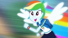 rainbow dash running in front of a rainbow colored background with an angel on it's back