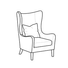 a line drawing of a chair with a pillow on it's back and arms