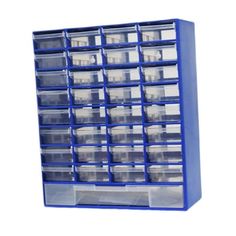 a blue plastic storage rack filled with lots of drawers