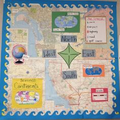 a bulletin board with maps and post it notes on the back side, along with words that read north west