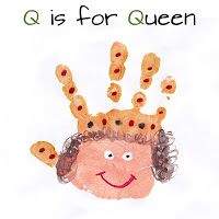 a child's handprint with the words q is for queen