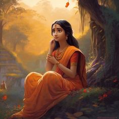 a painting of a woman in an orange sari sitting on the ground surrounded by trees