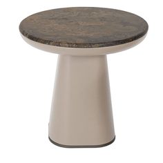 a round table with a wooden top on a white base and black trim around the edge