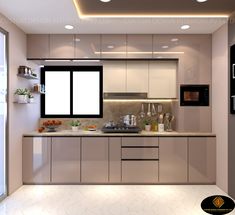 an empty kitchen with white cabinets and counter tops is lit by recessed lights above the sink