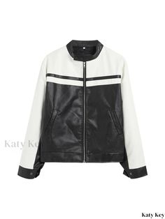 Katykey - Womens Color Block Zip-Up PU Moto Jacket - Stylish Casual Long Sleeve Outerwear Casual White Leather Winter Jacket, White Leather Jacket With Pockets For Winter, Casual White Leather Jacket For Winter, White Long Sleeve Biker Outerwear, Casual White Biker Jacket For Fall, White Long Sleeve Biker Jacket For Winter, Fall Care, Long Sleeve Outerwear, Sleeve Detail