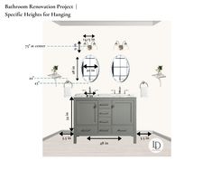 bathroom renovation project with speckled heights for hangers and sink height chart on the wall