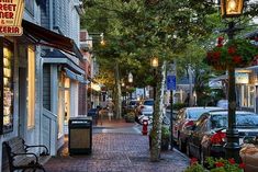 cars are parked on the street in front of shops