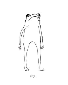 a black and white drawing of a frog looking up at the sky with its eyes closed