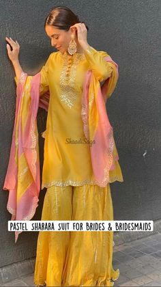 Haldi Gharara, Yellow Dress For Haldi Function, Dress For Haldi Function, Wedding Gharara, Haldi Dress Ideas, Mayon Dresses, Haldi Dress, Mehndi Outfit, Embroidered Sharara