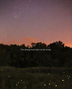 the stars are shining in the night sky above trees and grass with a quote written on it