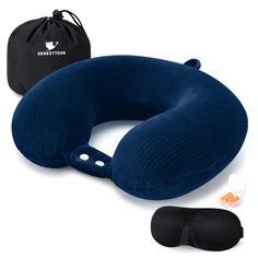 two travel pillows and an inflatable eye mask