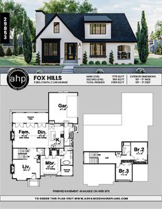 the fox hills plan is shown in black and white, with an open floor plan