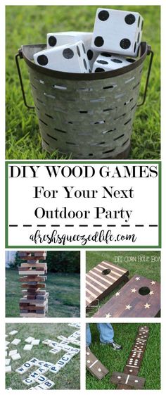 diy wood games for your next outdoor party with text overlay that says diy wood games for your next outdoor party