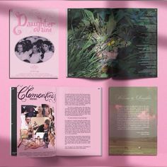 an open brochure is shown on a pink background with green leaves and flowers