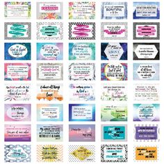 many different types of business cards with watercolor designs and text on the front, back and