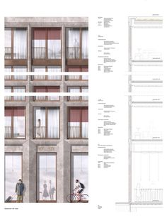 an architectural drawing shows people standing outside the windows