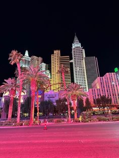 palm trees are lit up in front of the city skyline at night with pink lights