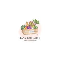 jane's organic logo with an illustration of fresh vegetables in a wooden box and the words jane's organic on it