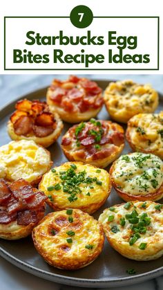 A variety of homemade Starbucks Egg Bites arranged on a plate, showcasing different flavors like bacon and gruyère, and a veggie-packed option, perfect for breakfast or a quick snack. Egg Bites Flavors, Sous Vide Egg Bites Recipe, Egg Bites Ideas, Eggbites Starbucks Recipe, Egg Bites Starbucks Recipe, Starbucks Food Breakfast, Meal Prep Egg Bites, Starbucks Bacon Gruyere Egg Bites, Egg Bites Recipes