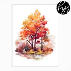 a watercolor painting of trees with fall colors