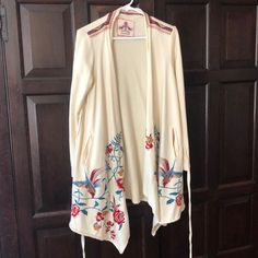 Perfect With Leggings Or Jeans. Great Details! Beige Embroidered Cardigan For Spring, Spring Beige Embroidered Cardigan, Embroidered Cream Outerwear For Spring, Fitted Cream Bohemian Outerwear, Cream Fitted Bohemian Outerwear, Fitted Bohemian Cream Outerwear, Johnny Was, Blue Cream, Checks